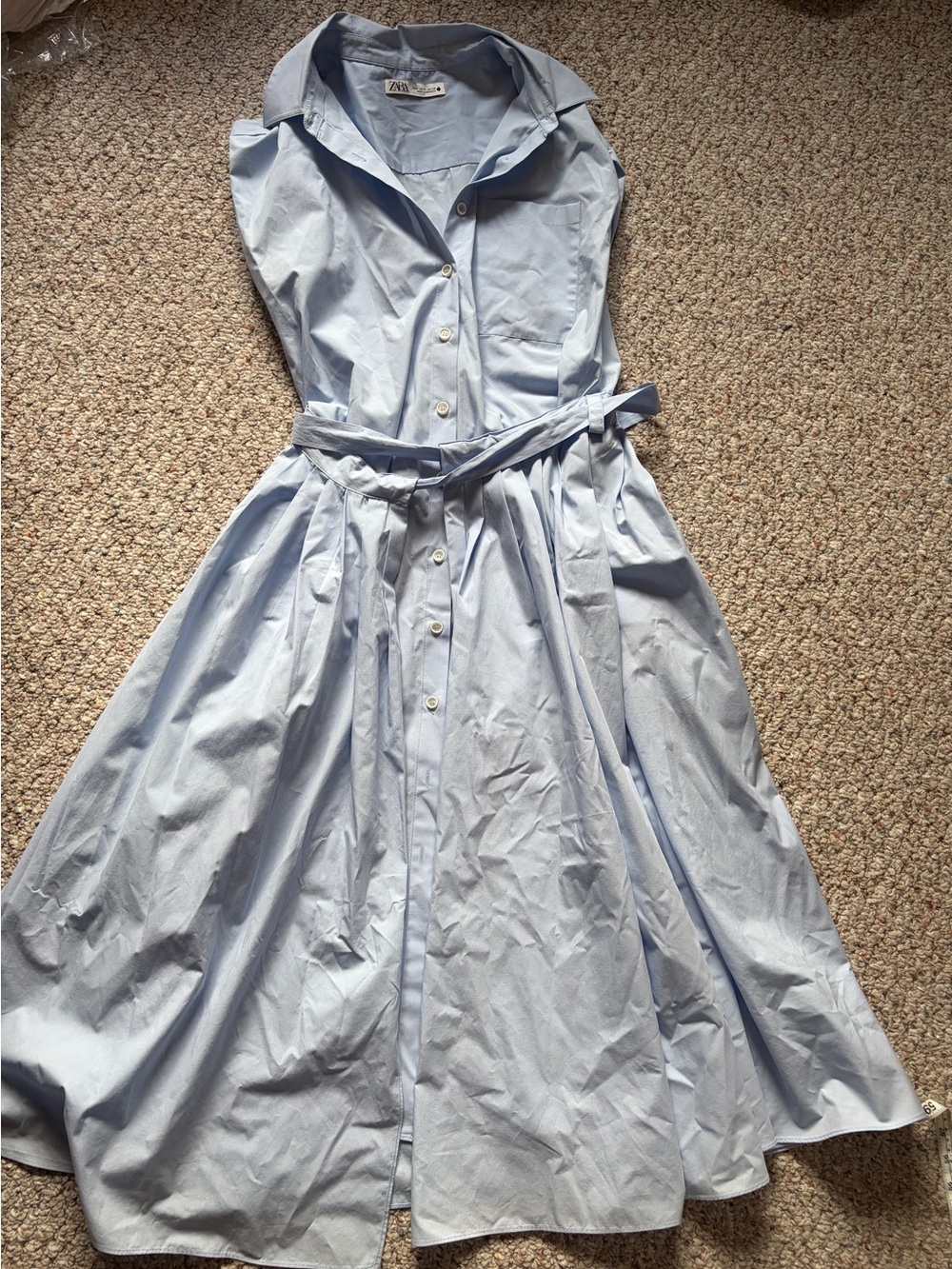 Zara light blue button up sleeveless poplin midi dress collar women’s size small